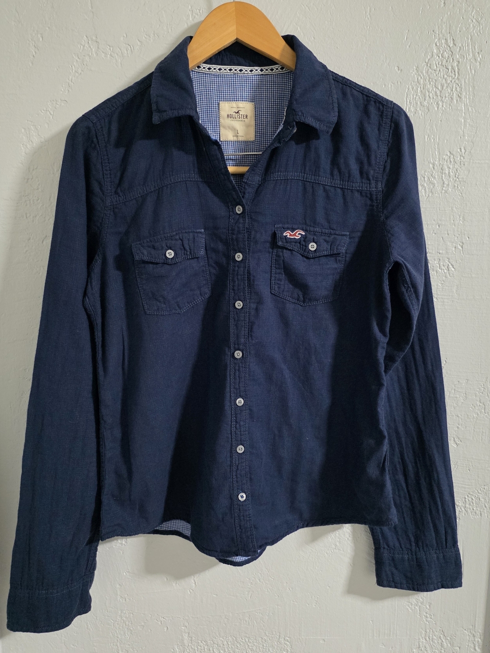 Hollister Navy Long Sleeve Button-Down Shirt Women's Size L Gingham Trim